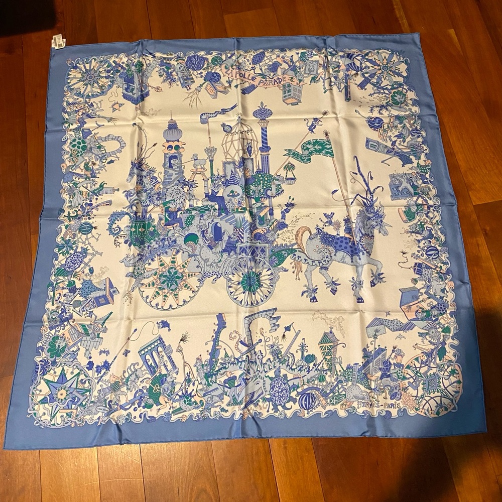 Hermes Silk La Folle Parade Scarf in Bleu and Blanc